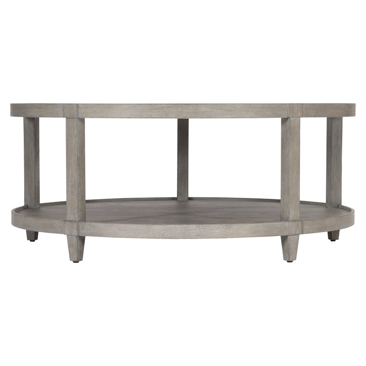 Transitional Cerused Oak Round Coffee Table with Storage in Pewter Gray