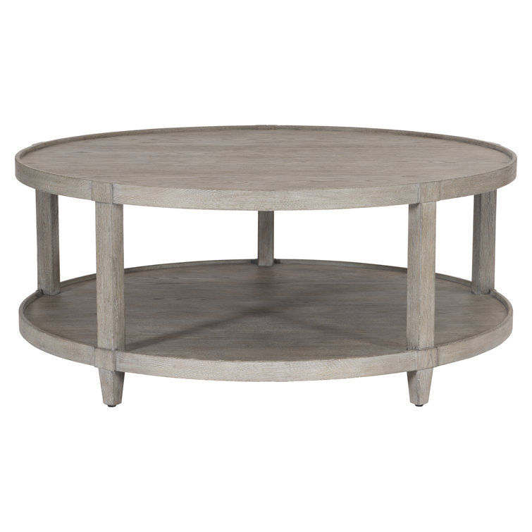 Transitional Cerused Oak Round Coffee Table with Storage in Pewter Gray