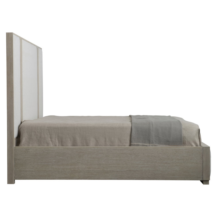 Transitional Dune and Ivory Queen Upholstered Bed with Geometric Headboard