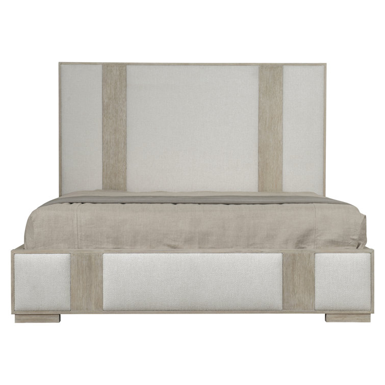 Transitional Dune and Ivory Queen Upholstered Bed with Geometric Headboard