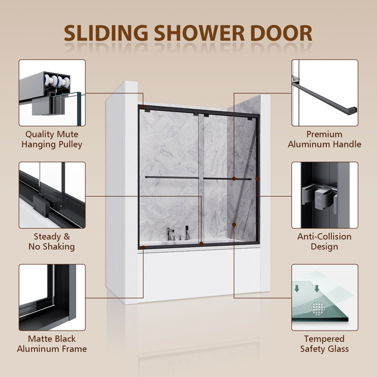 Matte Black 60" x 62" Sliding Semi-Frameless Shower Door