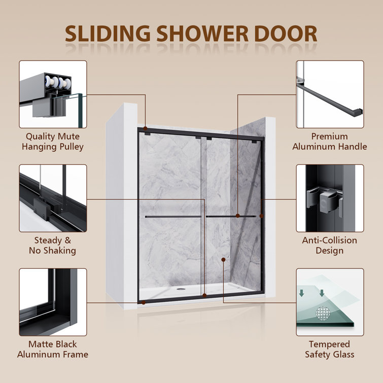 60" x 72" Black Semi-Frameless Sliding Shower Door