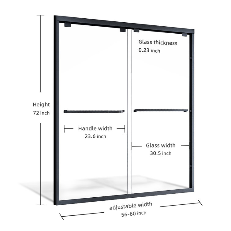 60" x 72" Black Semi-Frameless Sliding Shower Door