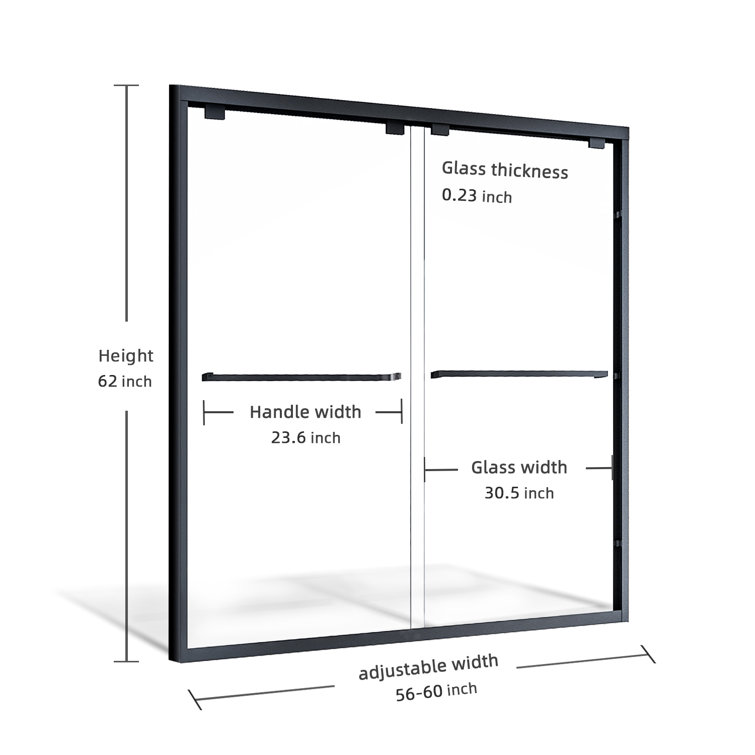 Matte Black 60" x 62" Sliding Semi-Frameless Shower Door
