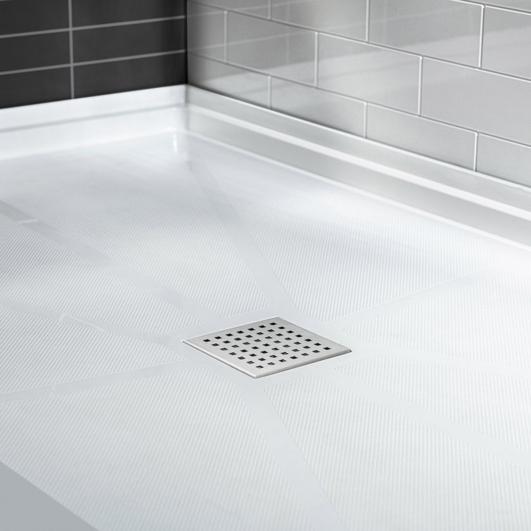 36" White Rectangular Shower Pan Base with Brushed Nickel Drain