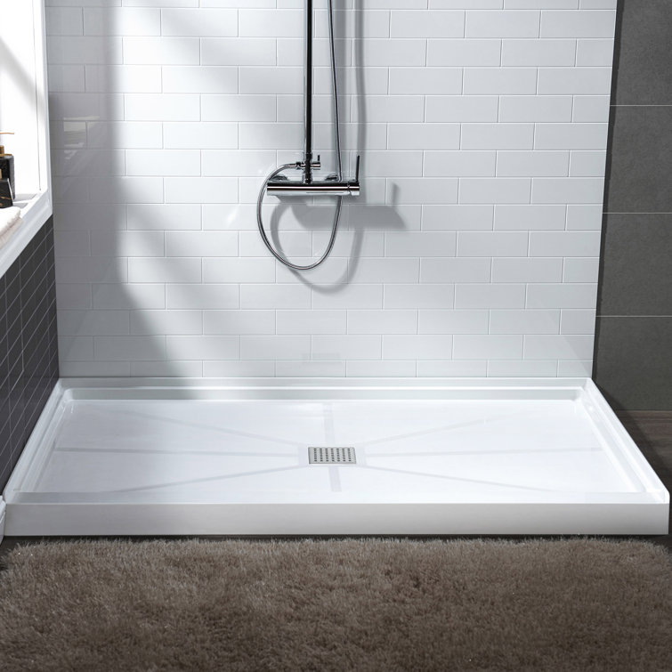 36" White Rectangular Shower Pan Base with Brushed Nickel Drain