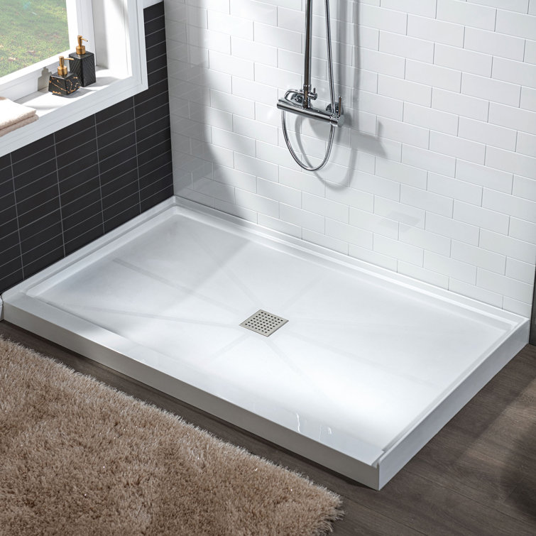 36" White Rectangular Shower Pan Base with Brushed Nickel Drain