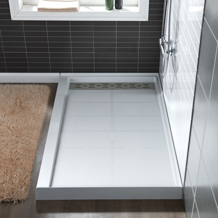 60" White Rectangular Shower Pan with Brushed Nickel Drain Cover