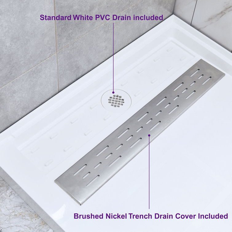 60" White Rectangular Shower Pan with Brushed Nickel Drain Cover