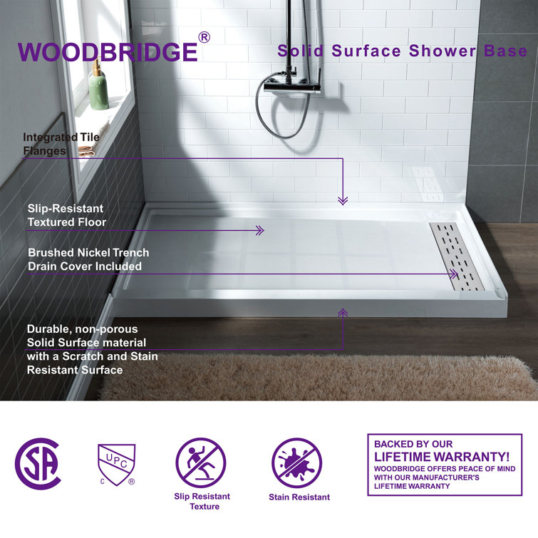 60" White Rectangular Shower Pan with Brushed Nickel Drain Cover