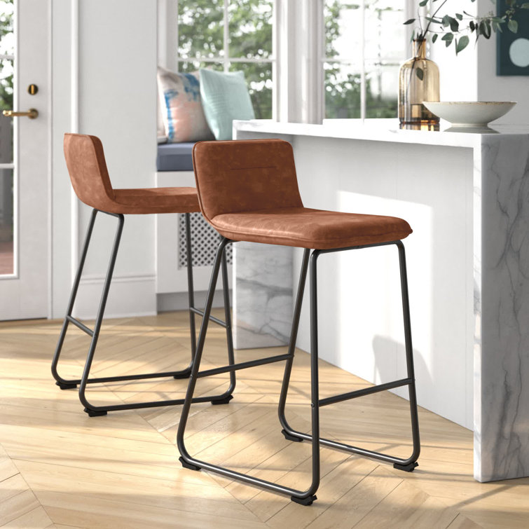 Camel Faux Leather and Black Metal Counter Stools, Set of 2