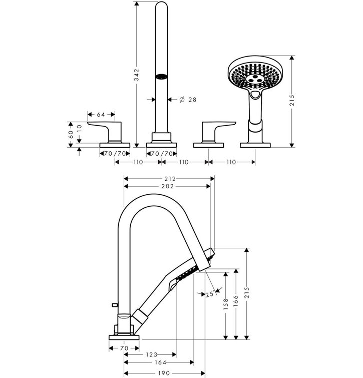 Brushed Nickel Modern Deck Mounted Roman Tub Faucet with Handshower