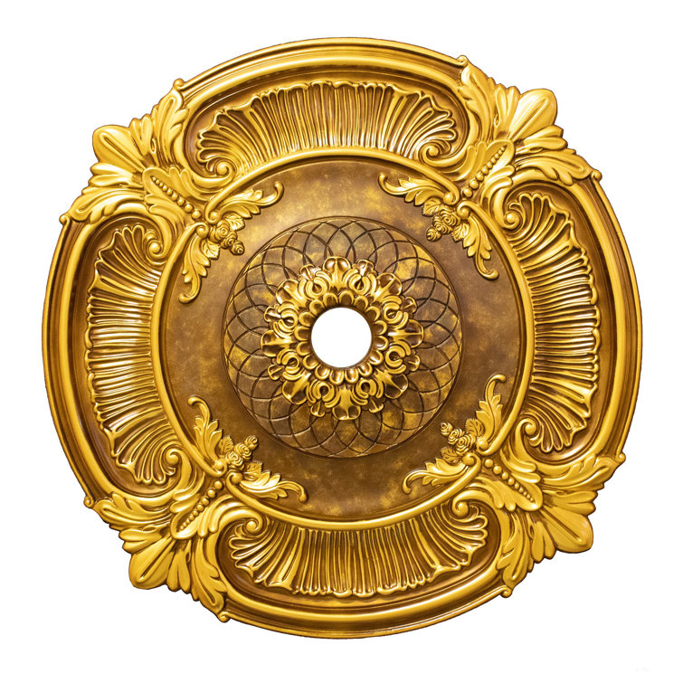 Antique Gold Round Polyurethane Ceiling Medallion with Carved Roses