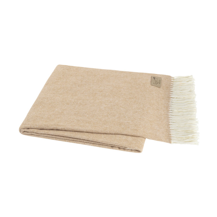 Caramel Herringbone Wool Throw Blanket with Fringe