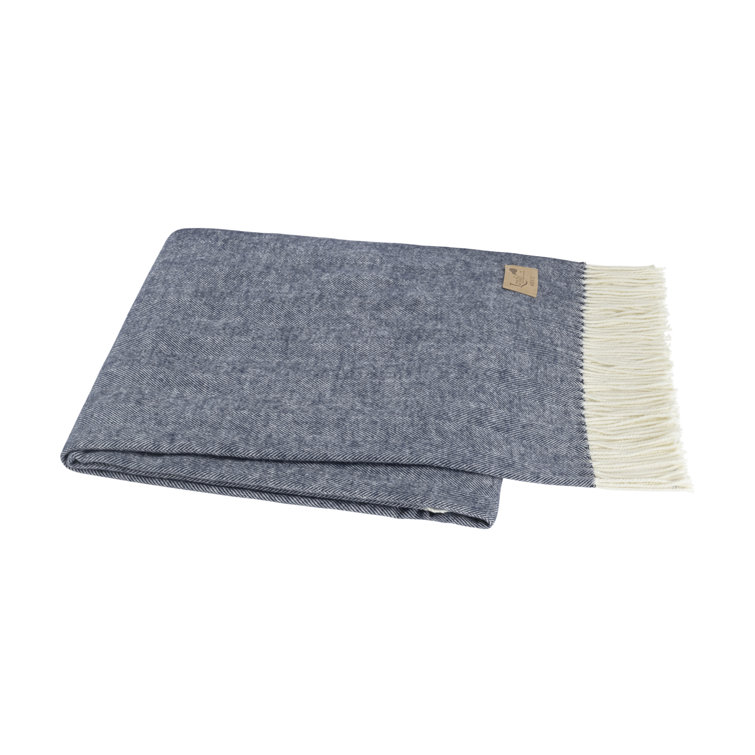 Navy Herringbone Wool and Acrylic Throw Blanket with Fringe