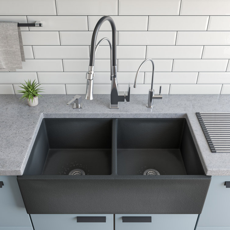 33'' Concrete Gray Double Bowl Fireclay Farmhouse Sink
