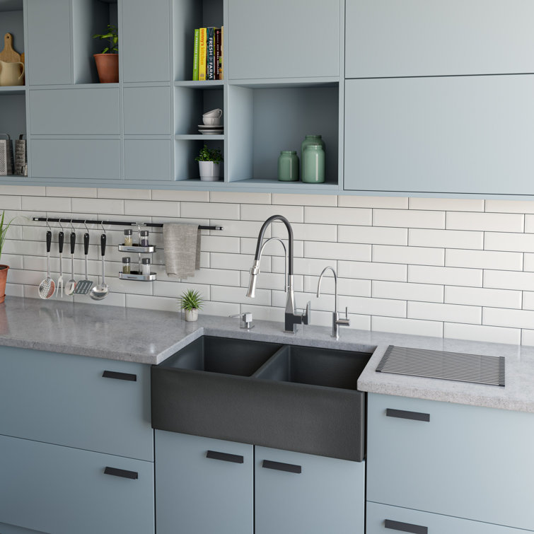 33'' Concrete Gray Double Bowl Fireclay Farmhouse Sink
