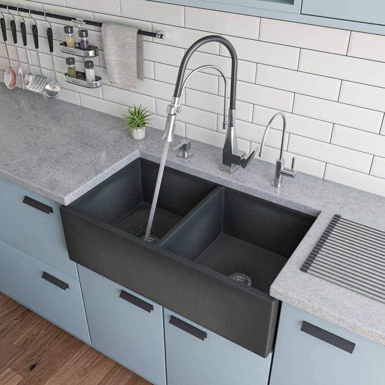 33'' Concrete Gray Double Bowl Fireclay Farmhouse Sink