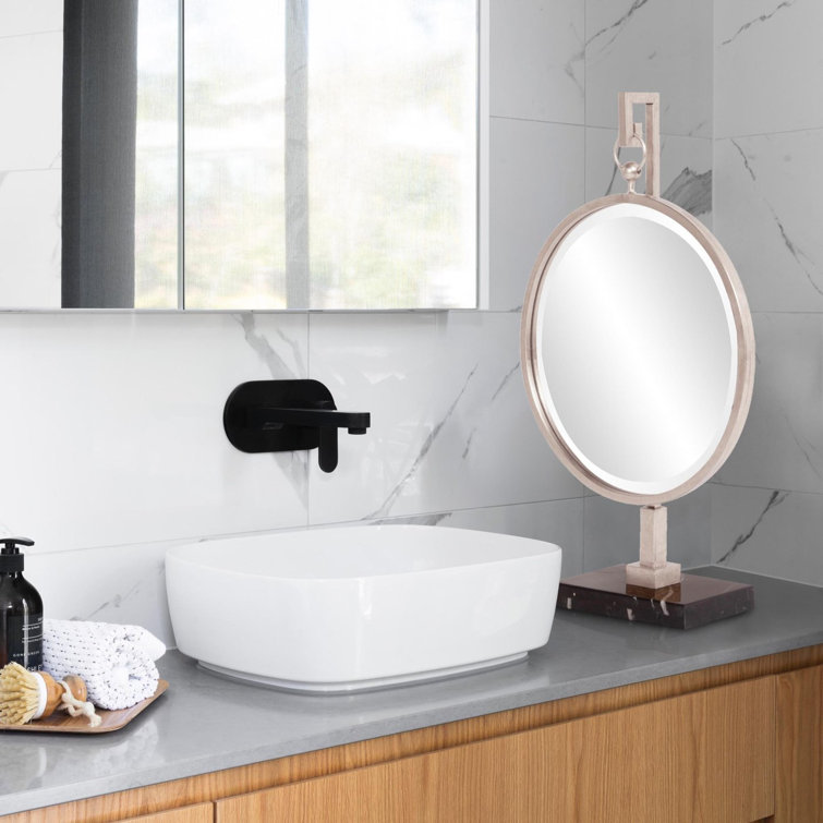 Round Silver Wood Table Mirror with Black Marble Base