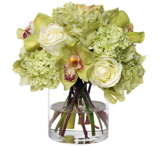Green Hydrangea and Orchid Bouquet in Glass Vase