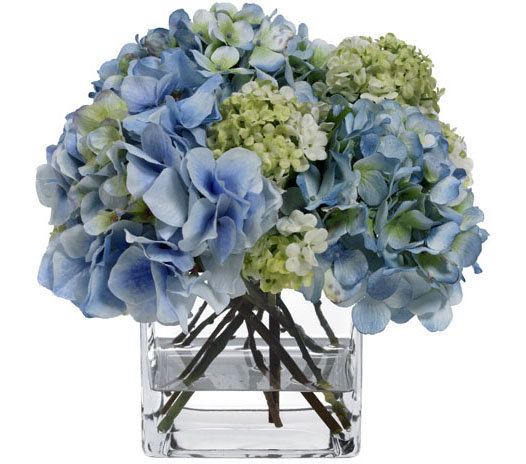 Blue Hydrangeas and Roses in Glass Vase Arrangement