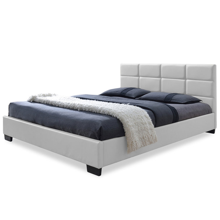 White Queen Faux Leather Upholstered Platform Bed with Tufted Headboard