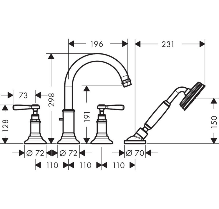 Polished Nickel Brass Widespread Deck Mounted Faucet with Handshower