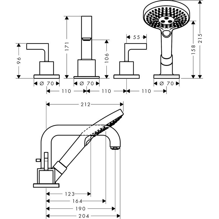 Brushed Nickel Modern Widespread Deck Mounted Faucet with Handshower