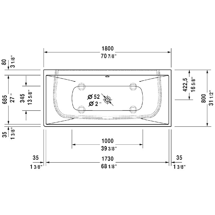 71" White Ceramic Rectangular Soaking Bathtub