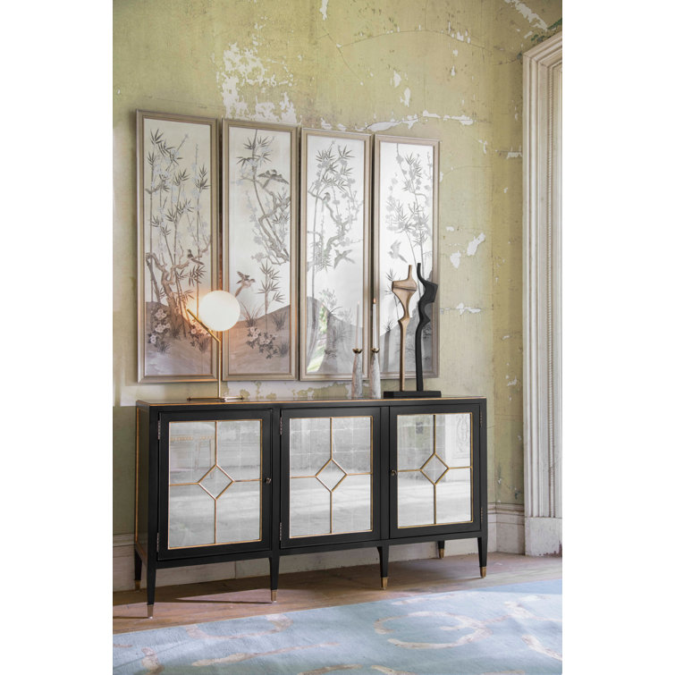 Monarch Gold-Striped 66" Acacia Wood and Eglomise Mirror Sideboard