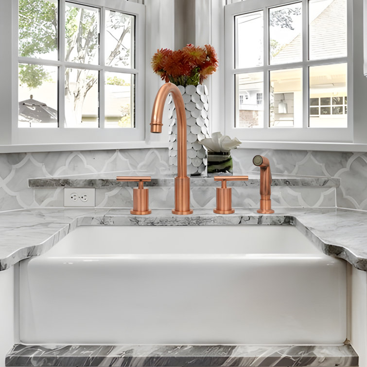 Copper Brushed Double Handle High-Arc Kitchen Faucet with Side Spray