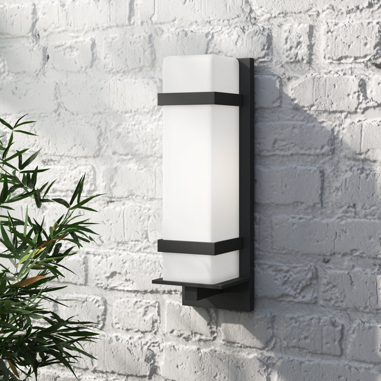 Black Aluminum Outdoor Wall Light with Etched Opal Glass Shade