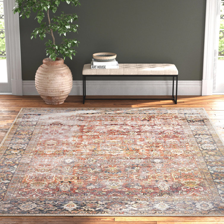 Terracotta and Blue Geometric Synthetic 9' x 12' Area Rug