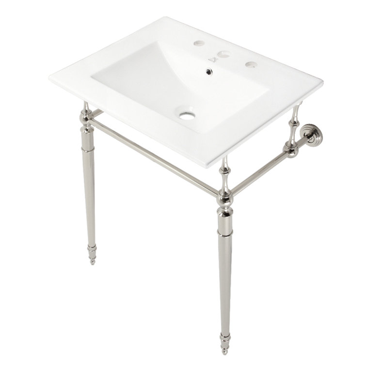 Edwardian 24-Inch White Ceramic Console Sink with Polished Nickel Brass Legs