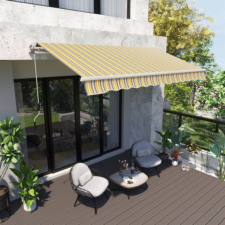 Yellow and Grey Striped Retractable Patio Awning with Aluminum Frame