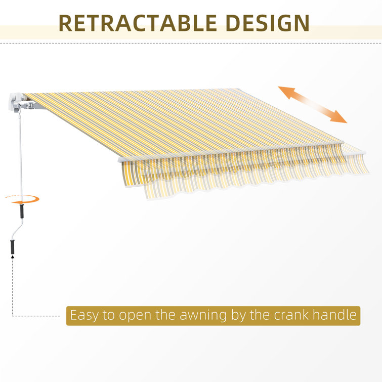 Yellow and Grey Striped Retractable Patio Awning with Aluminum Frame