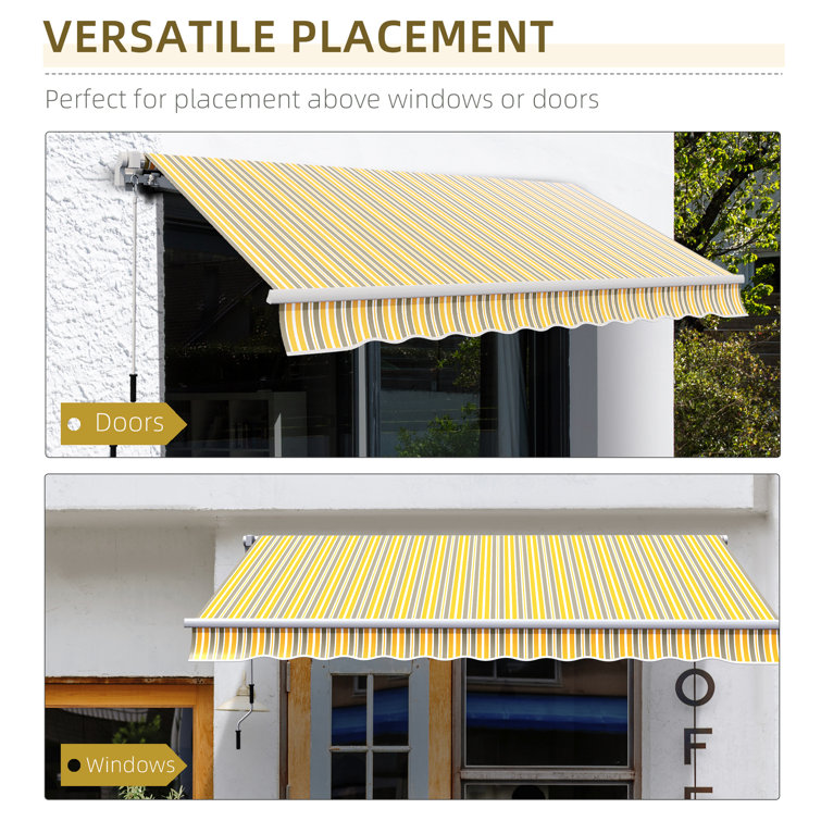 Yellow and Grey Striped Retractable Patio Awning with Aluminum Frame