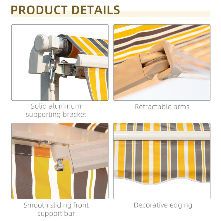 Yellow and Grey Striped Retractable Patio Awning with Aluminum Frame