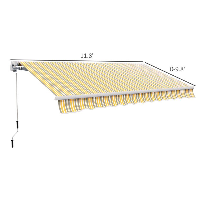 Yellow and Grey Striped Retractable Patio Awning with Aluminum Frame