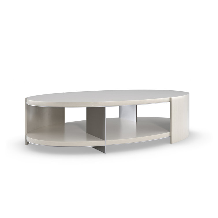 Oval Thunder Finish Wood Coffee Table with Soft Silver Metal Trim