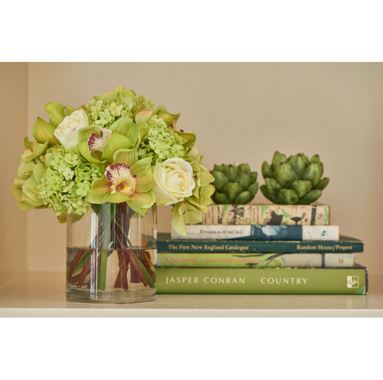 Green Hydrangea and Orchid Bouquet in Glass Vase
