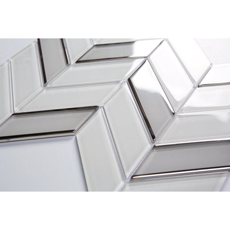 Silver and White Glass Chevron Mosaic Wall Tile