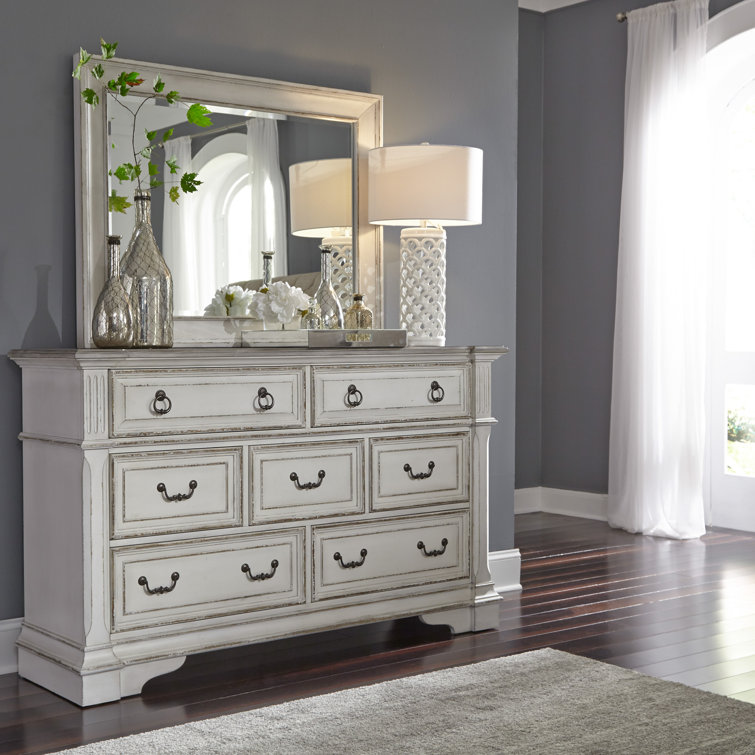 Chamfered Edge Antique White 7-Drawer Dresser with Weathered Top