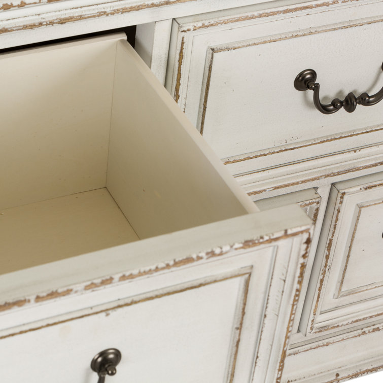 Chamfered Edge Antique White 7-Drawer Dresser with Weathered Top