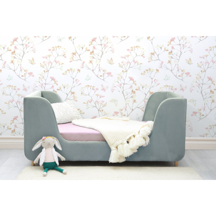 Pebble Gray Velvet Upholstered Toddler Daybed with Wood Frame