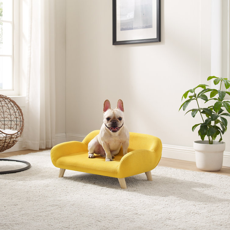 Akkeri Medium Yellow Fabric Pet Sofa with Wooden Legs