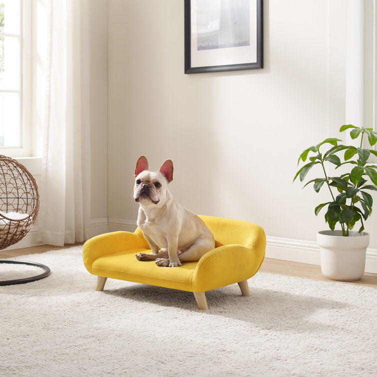 Akkeri Medium Yellow Fabric Pet Sofa with Wooden Legs