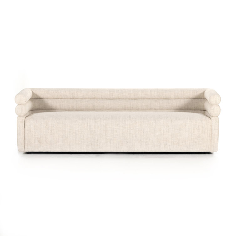 Hampton Cream Tufted Fabric Sofa with Wood Accents