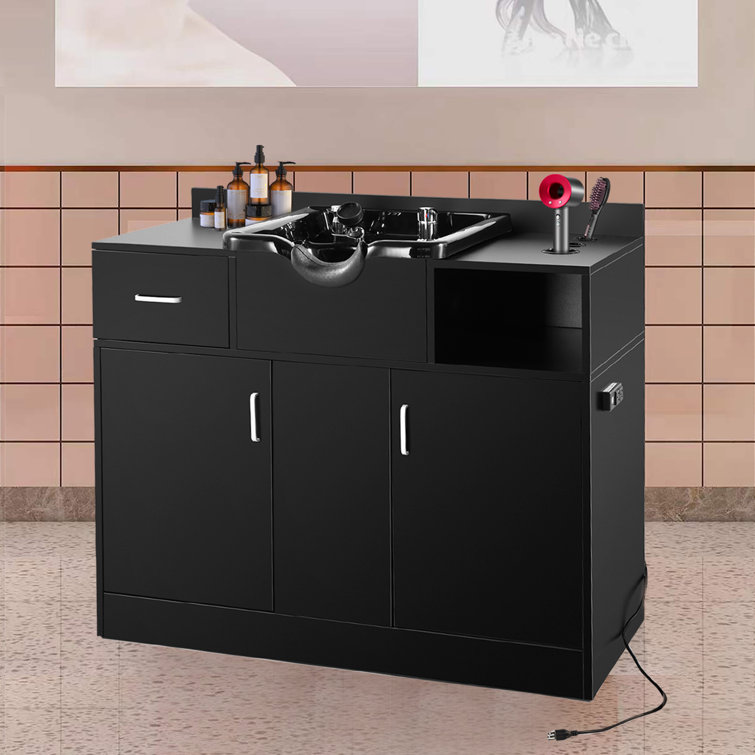 41" Black Freestanding Shampoo Sink with Faucet and Storage