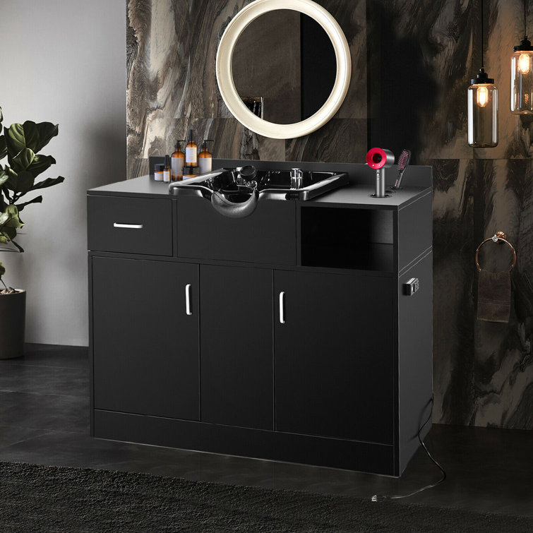 41" Black Freestanding Shampoo Sink with Faucet and Storage